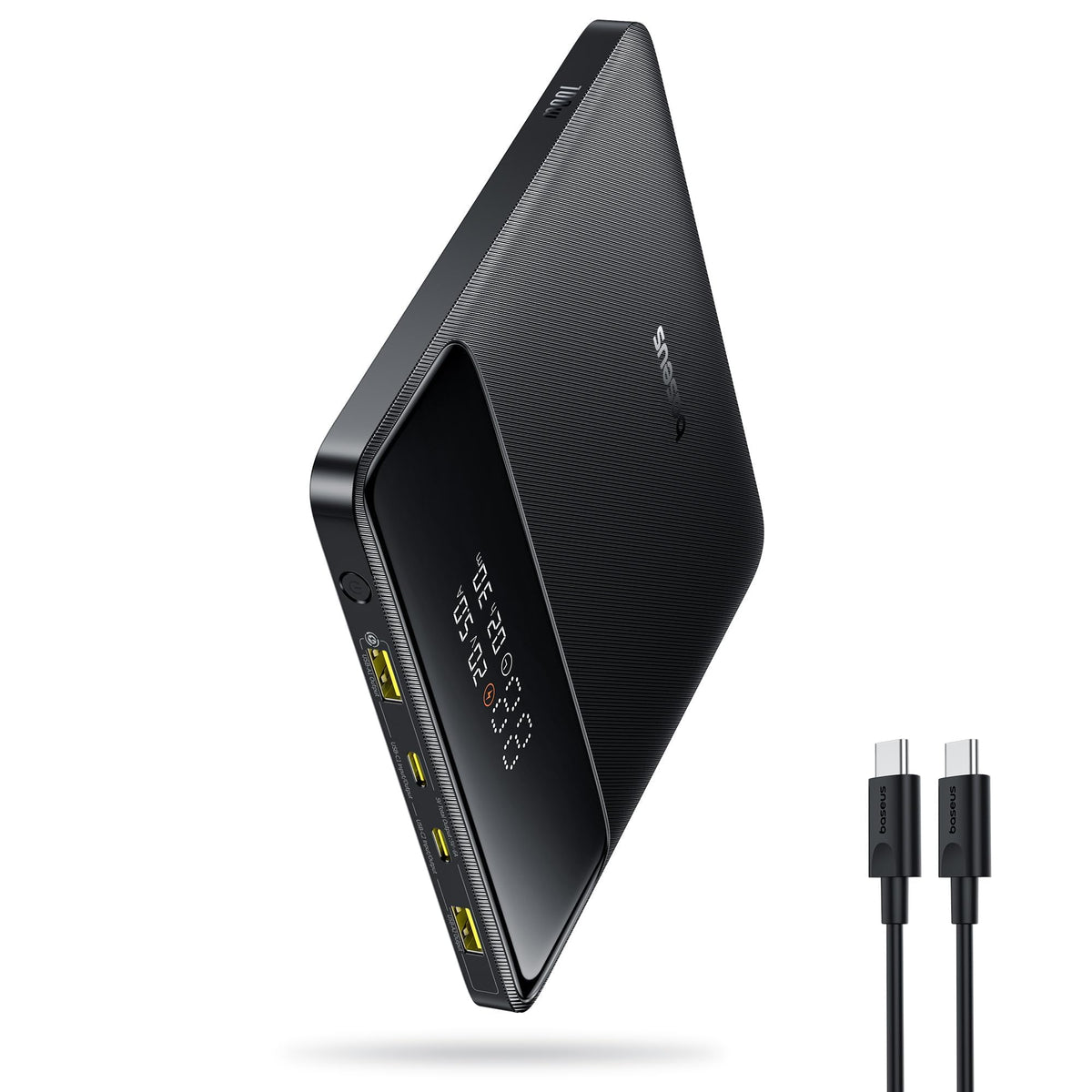 Baseus front view showing slim power bank and branding, highlights portability