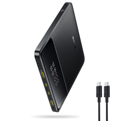 Baseus front view showing slim power bank and branding, highlights portability