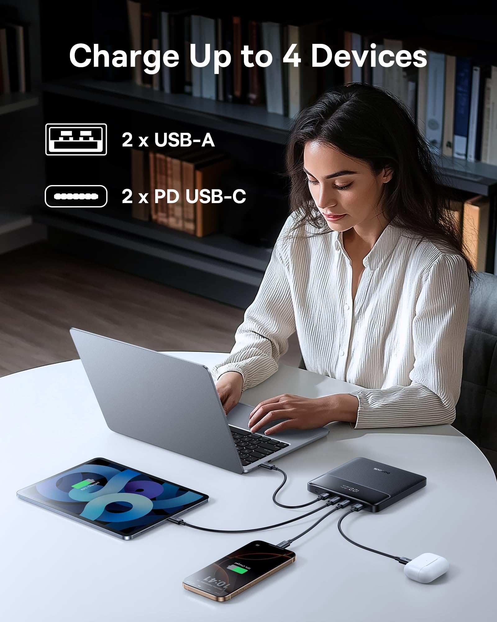Baseus power bank inside a laptop bag demonstrating travel-friendly fit