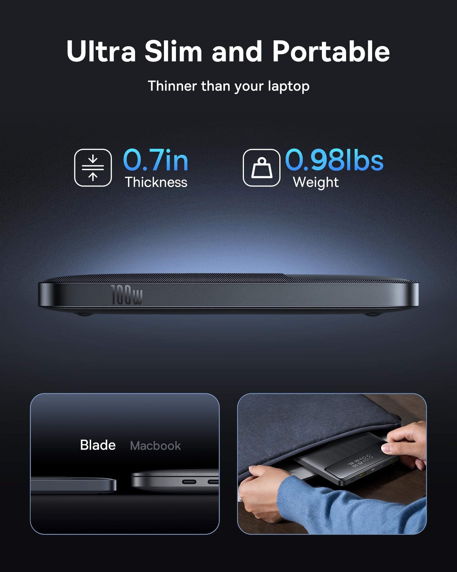 Baseus side profile illustrating thin Blade design for easy carry