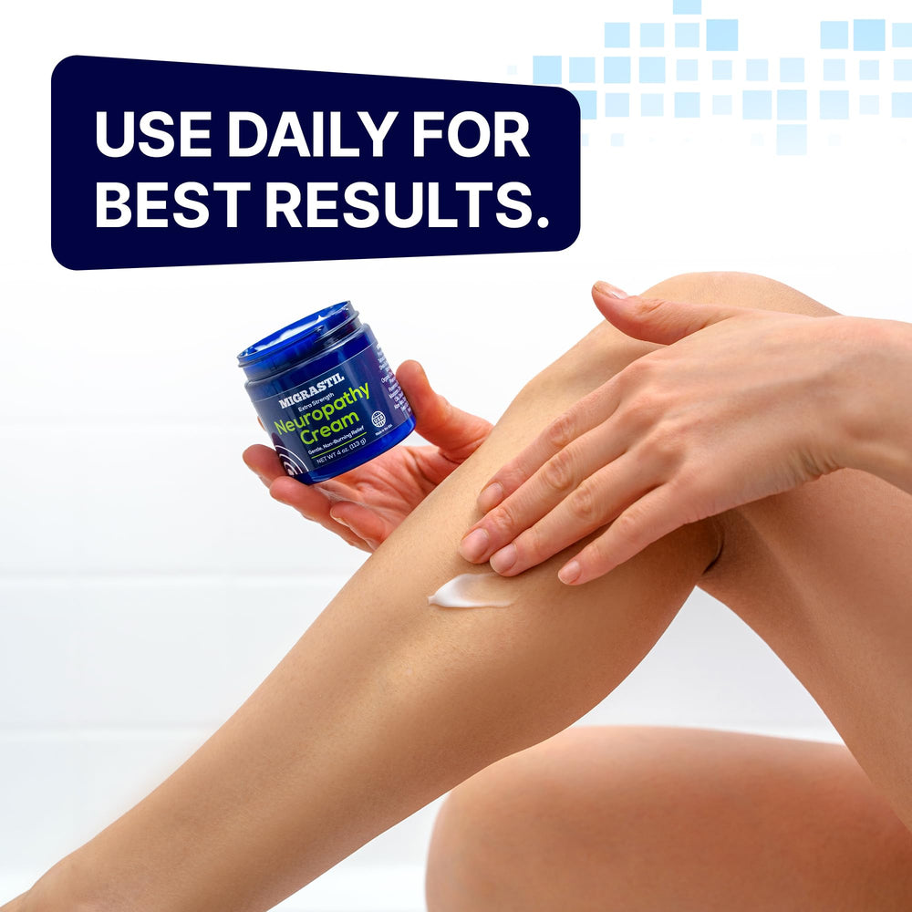 Basic Vigor Migrastil being applied to foot showing soothing comfort benefit