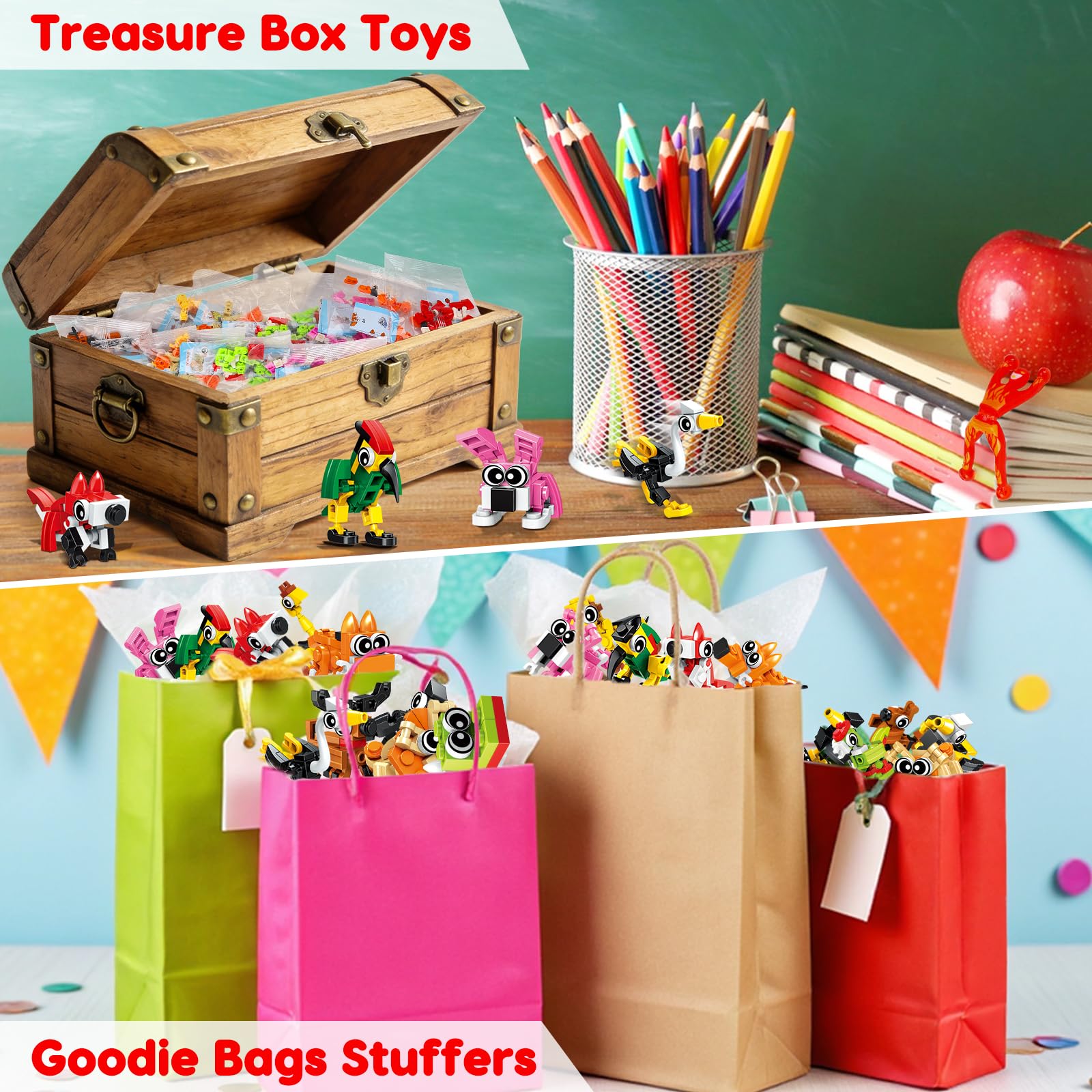Basytodio mini blocks next to a coin showing compact size for party bag convenience