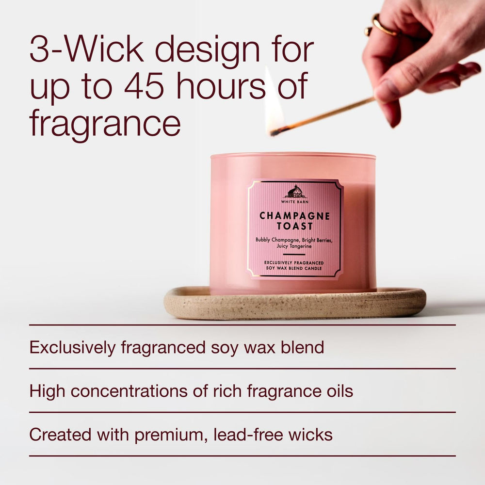 Bath & Body Works lit Champagne Toast candle in living room creating welcoming fragrance