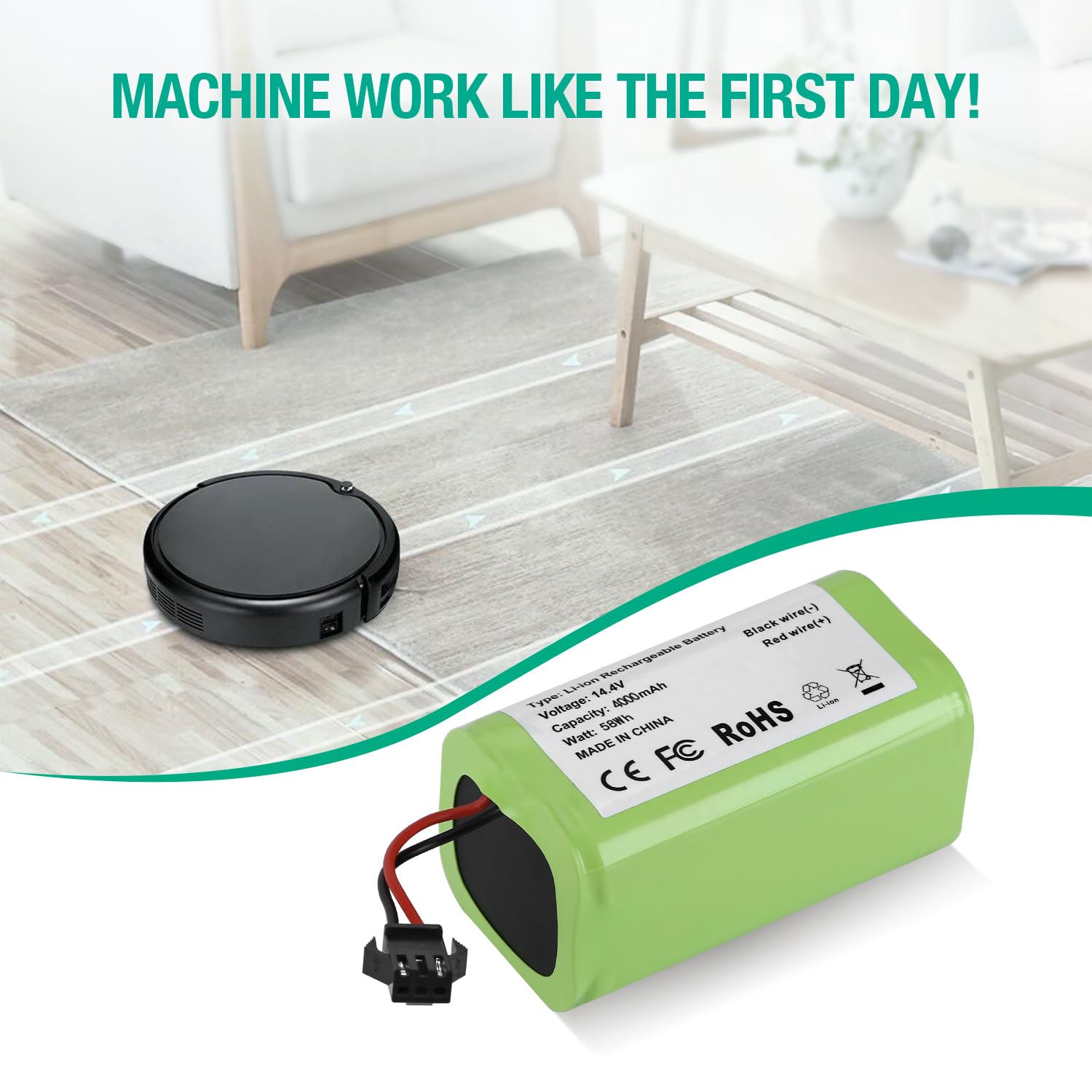 Batryuic lifestyle image of robot vacuum cleaning a living room with improved runtime