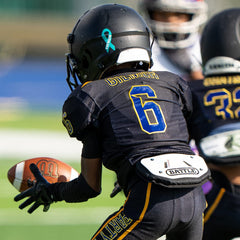 Battle back plate mounted on shoulder pads demonstrating secure fit and stability