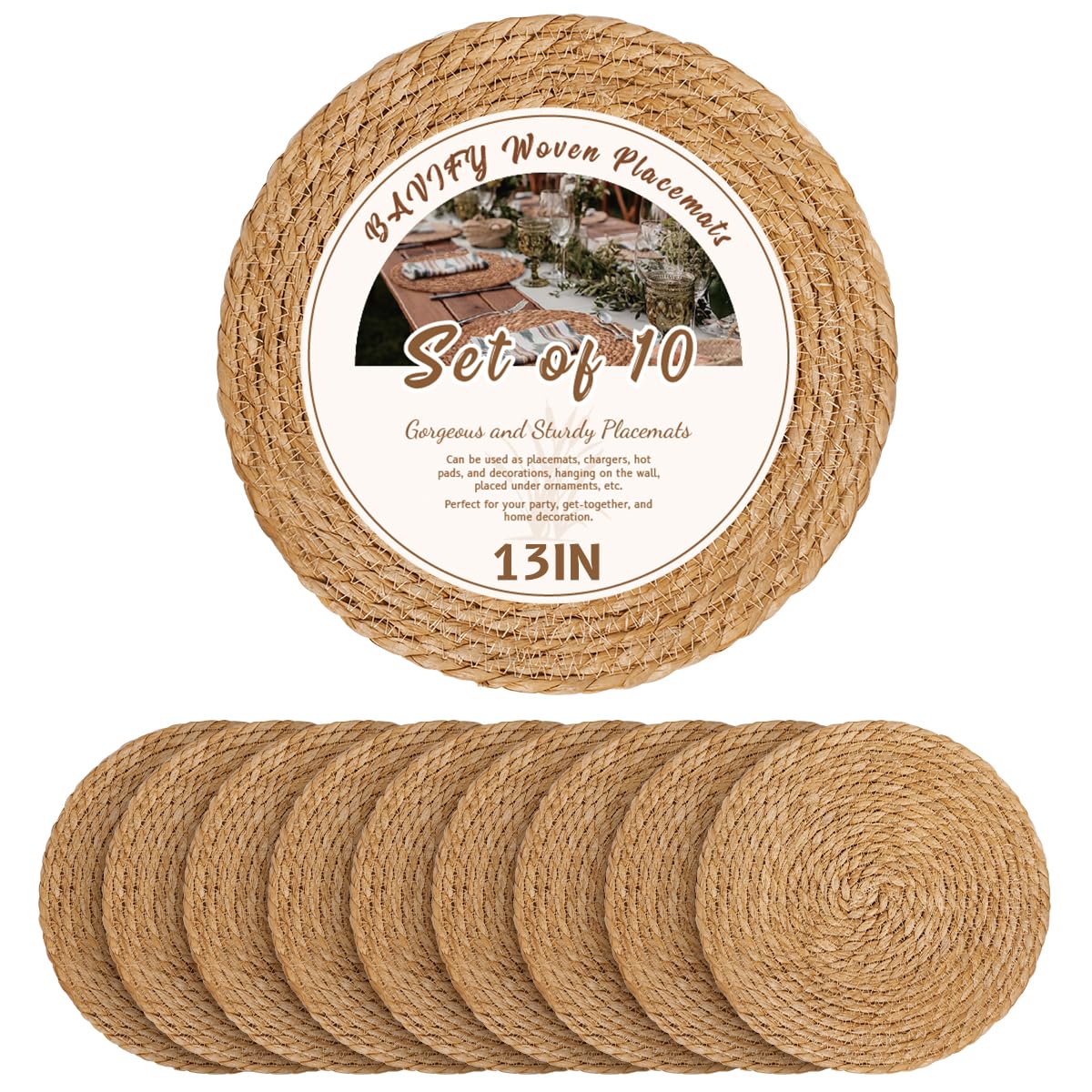 BAVIFY front view of placemat set showing natural water hyacinth and tidy packaging, enhances table styling