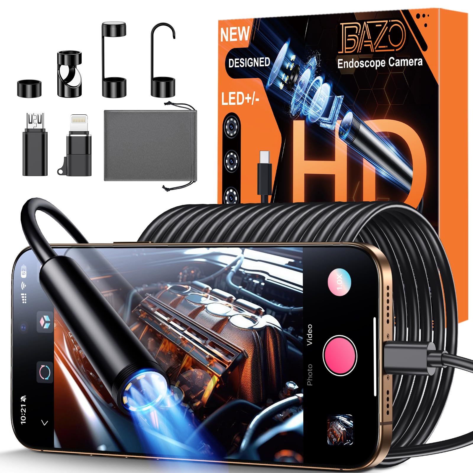 BAZO endoscope front view showing compact design and benefits for portability