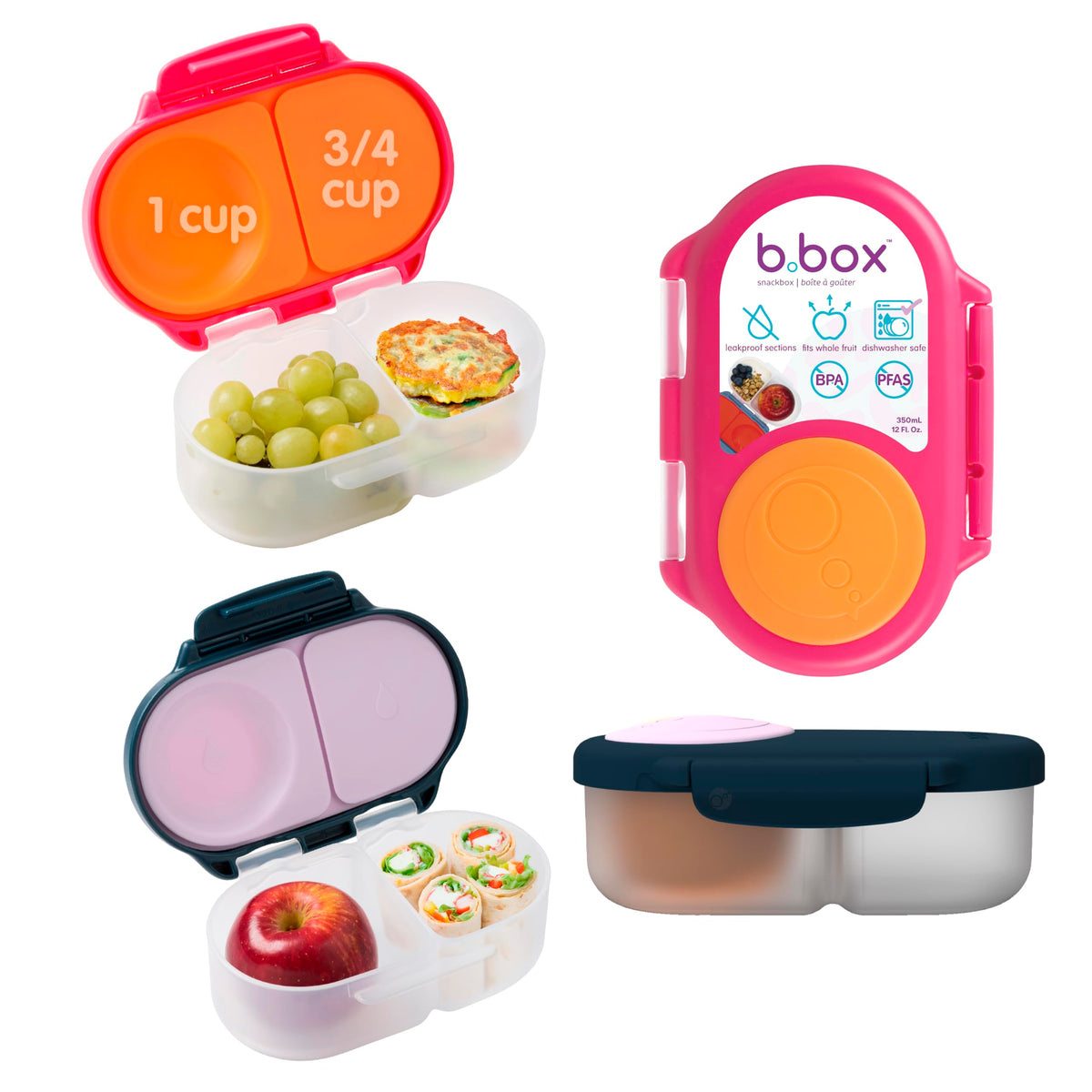 b.box front packaging showing two snack boxes and brand benefits
