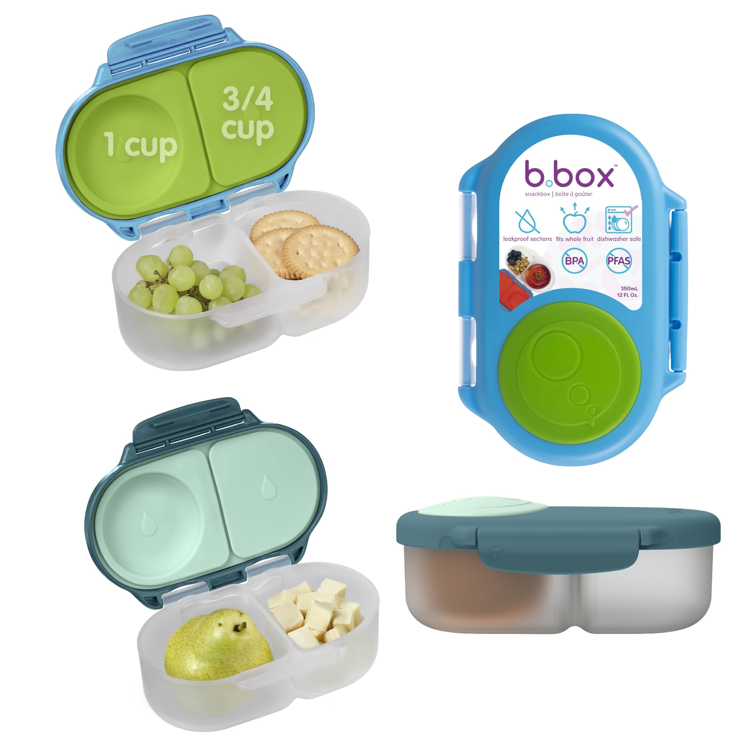 b.box front view of two-pack snack boxes showing color options and benefits