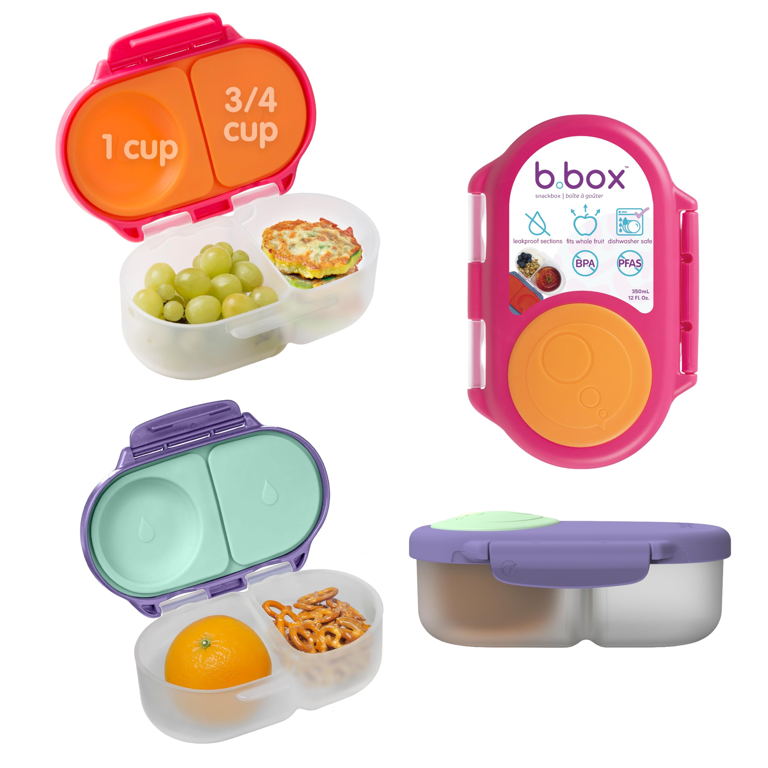b.box front packaging showing two snack boxes and color options for easy selection