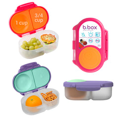 b.box front packaging showing two snack boxes and color options for easy selection