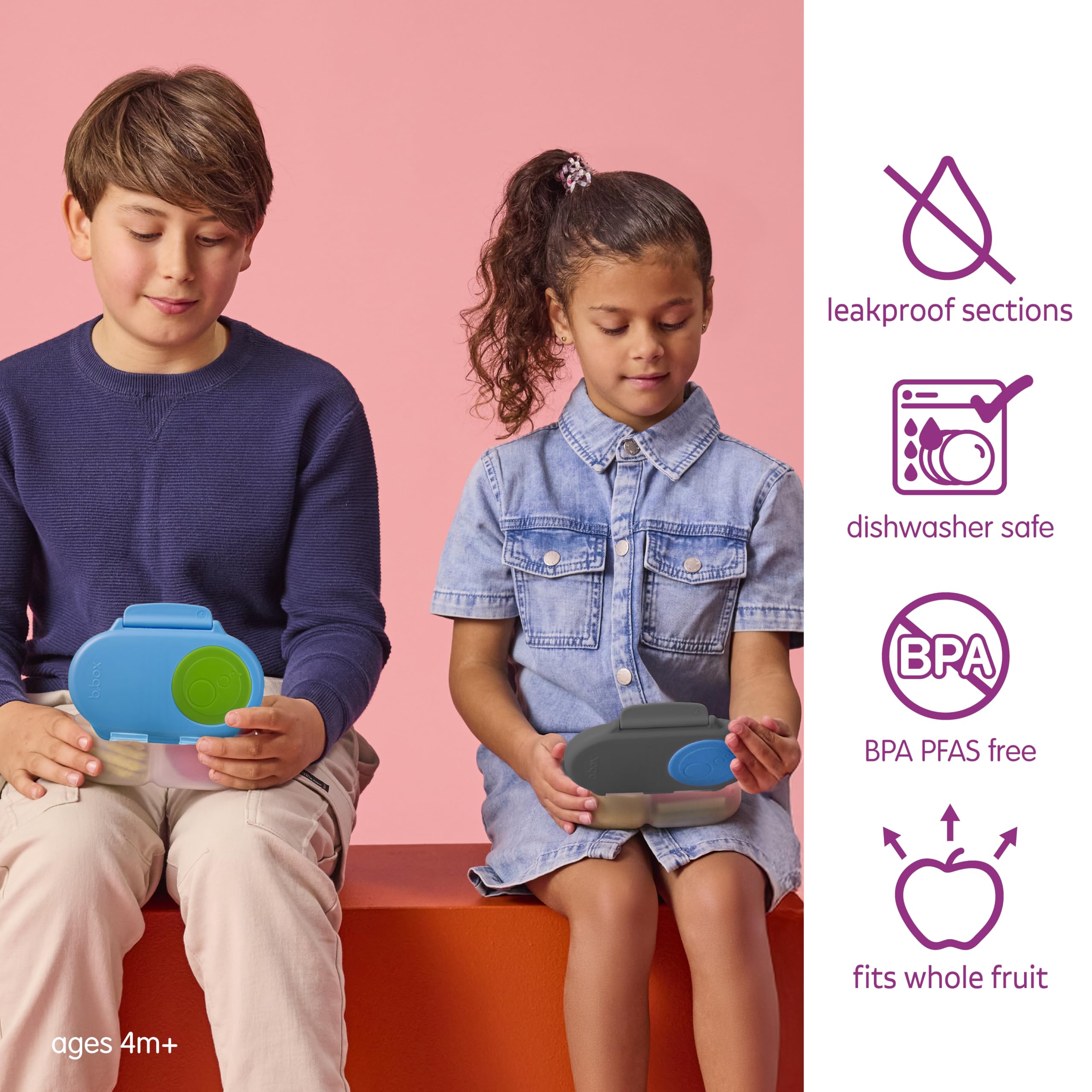 b.box snack box open to reveal two compartments and removable seal, organized for snacks