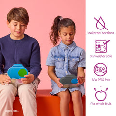 b.box snack box open to reveal two compartments and removable seal, organized for snacks