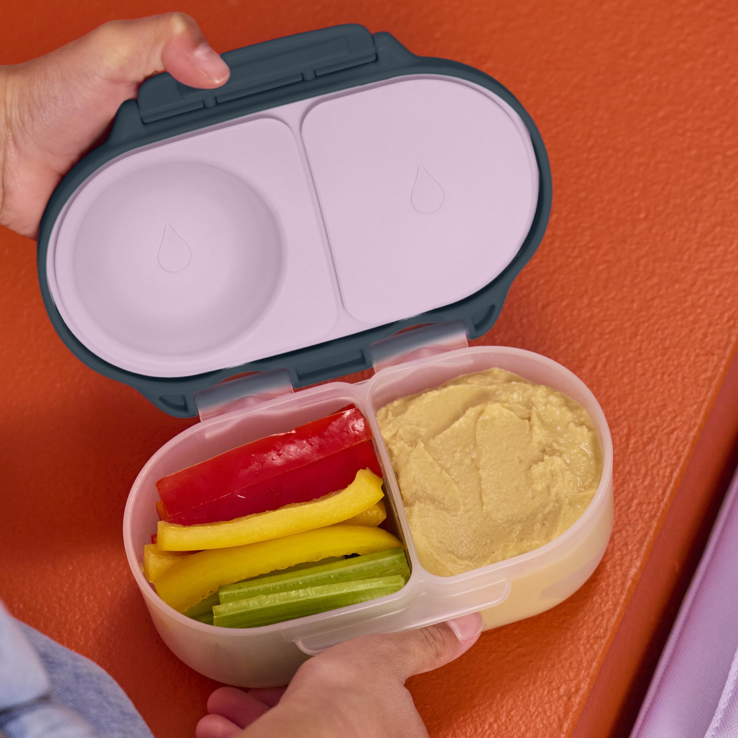 b.box snack box holding yogurt and hummus without leaks for clean bags