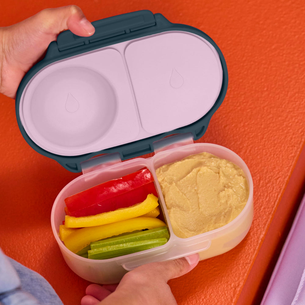 b.box snack box holding yogurt and hummus without leaks for clean bags