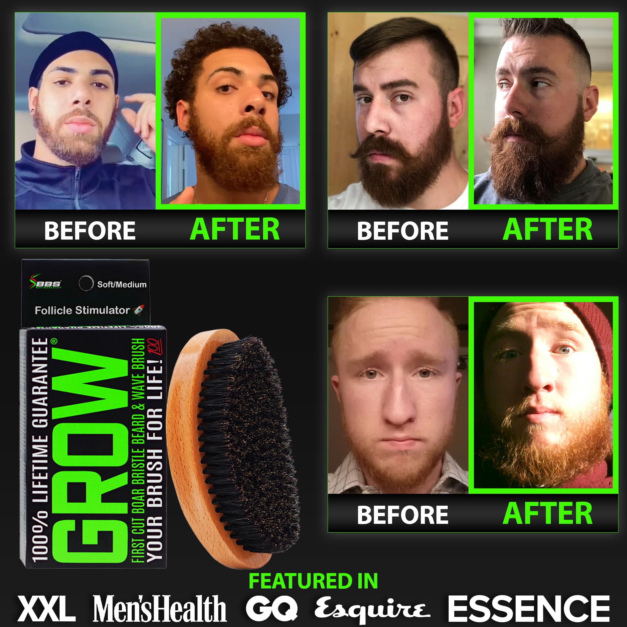 BBS BEST BEARD STUFF brush held in hand to show scale and ergonomic benefit