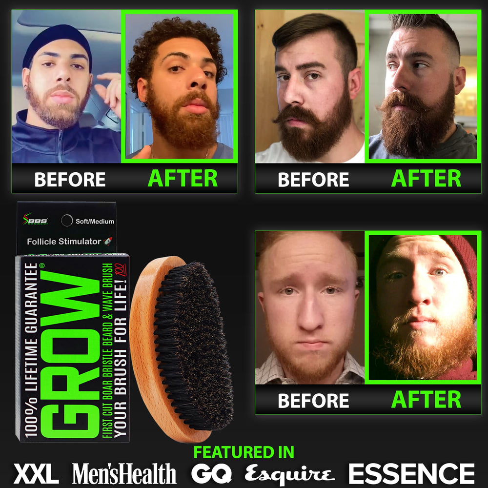 BBS BEST BEARD STUFF brush held in hand to show scale and ergonomic benefit
