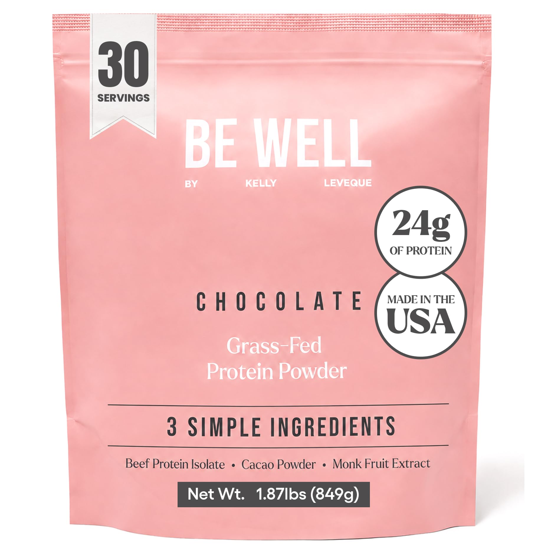 Be Well by Kelly LeVeque front packaging showing chocolate powder and benefits