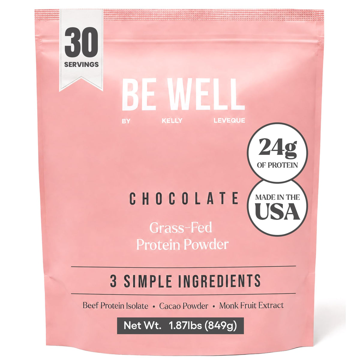Be Well by Kelly LeVeque front packaging showing chocolate powder and benefits
