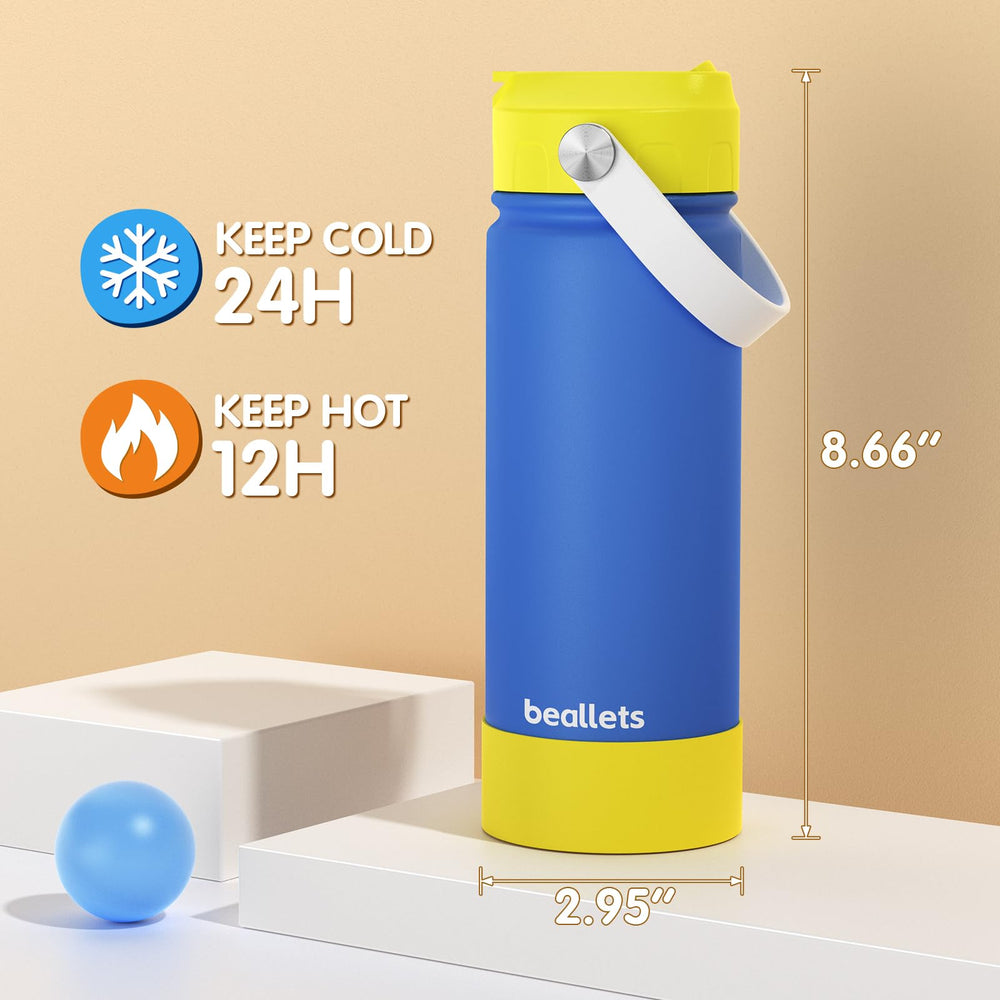 Beallets bottle next to backpack showing 18oz capacity and travel-friendly size