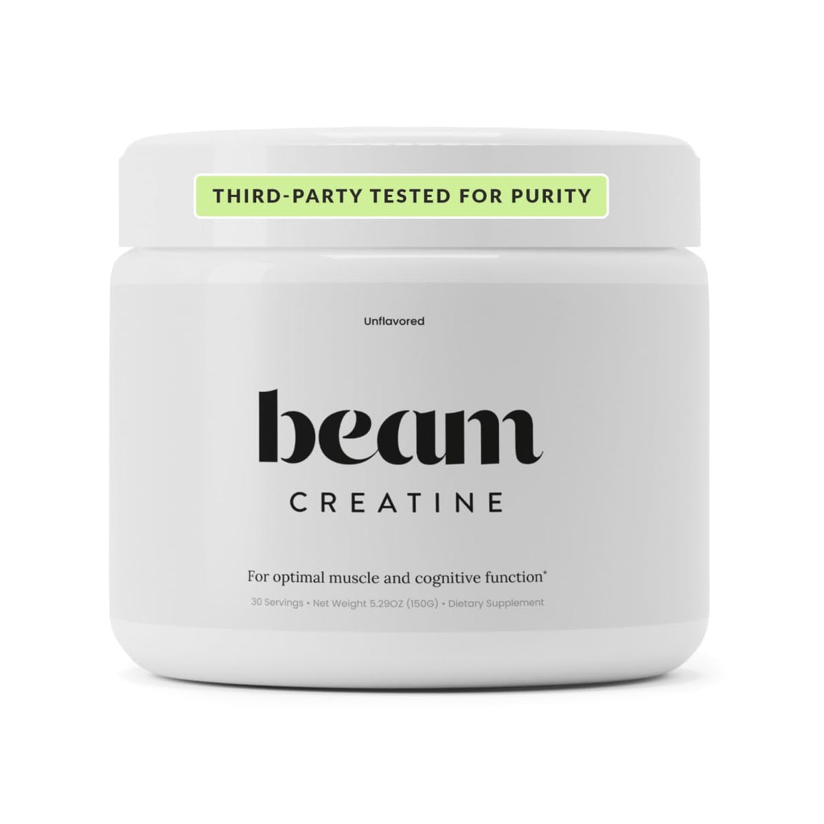 BEAM creatine front label showing clean packaging and 30 servings benefit