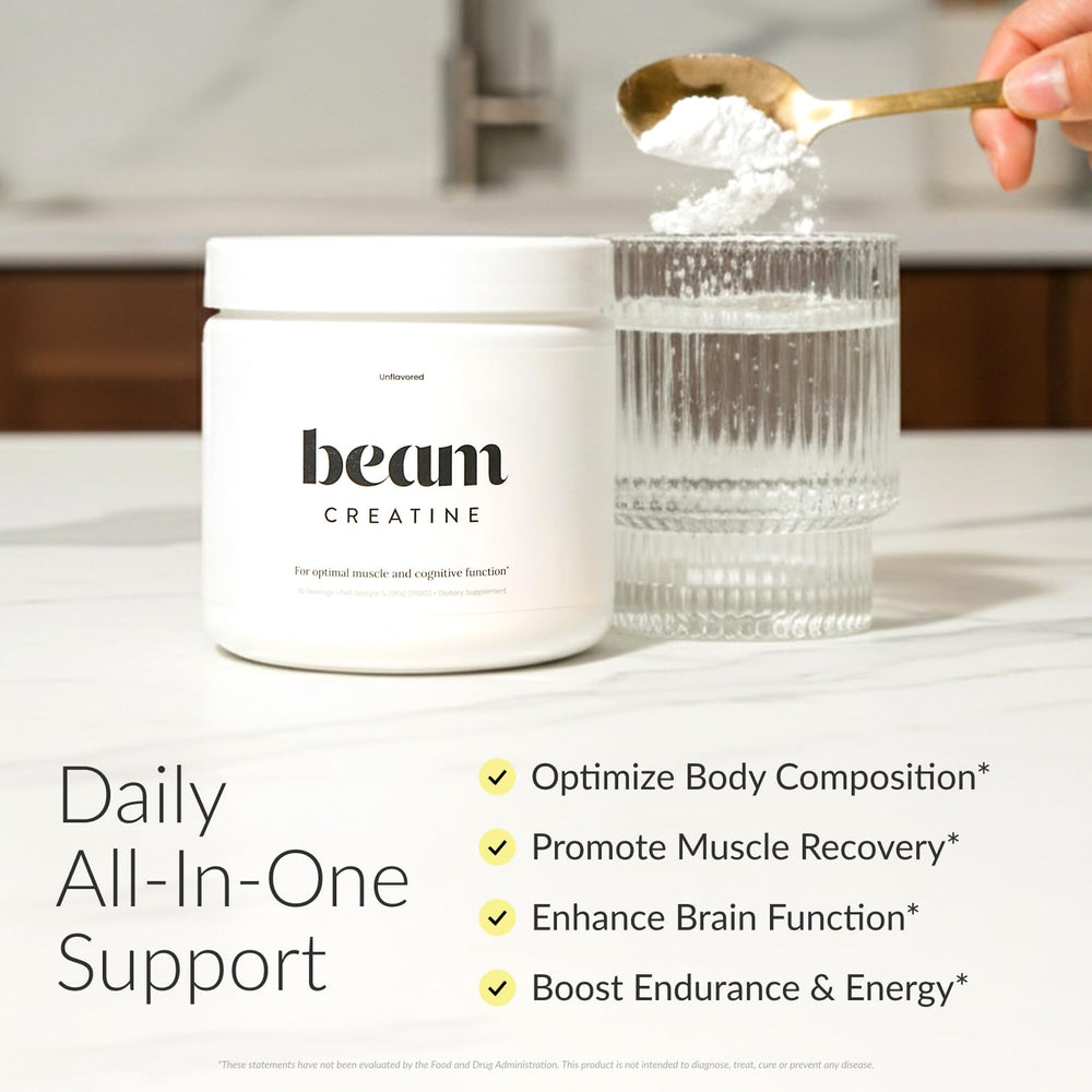BEAM creatine powder close-up texture showing micronized fine particles for easy mixing