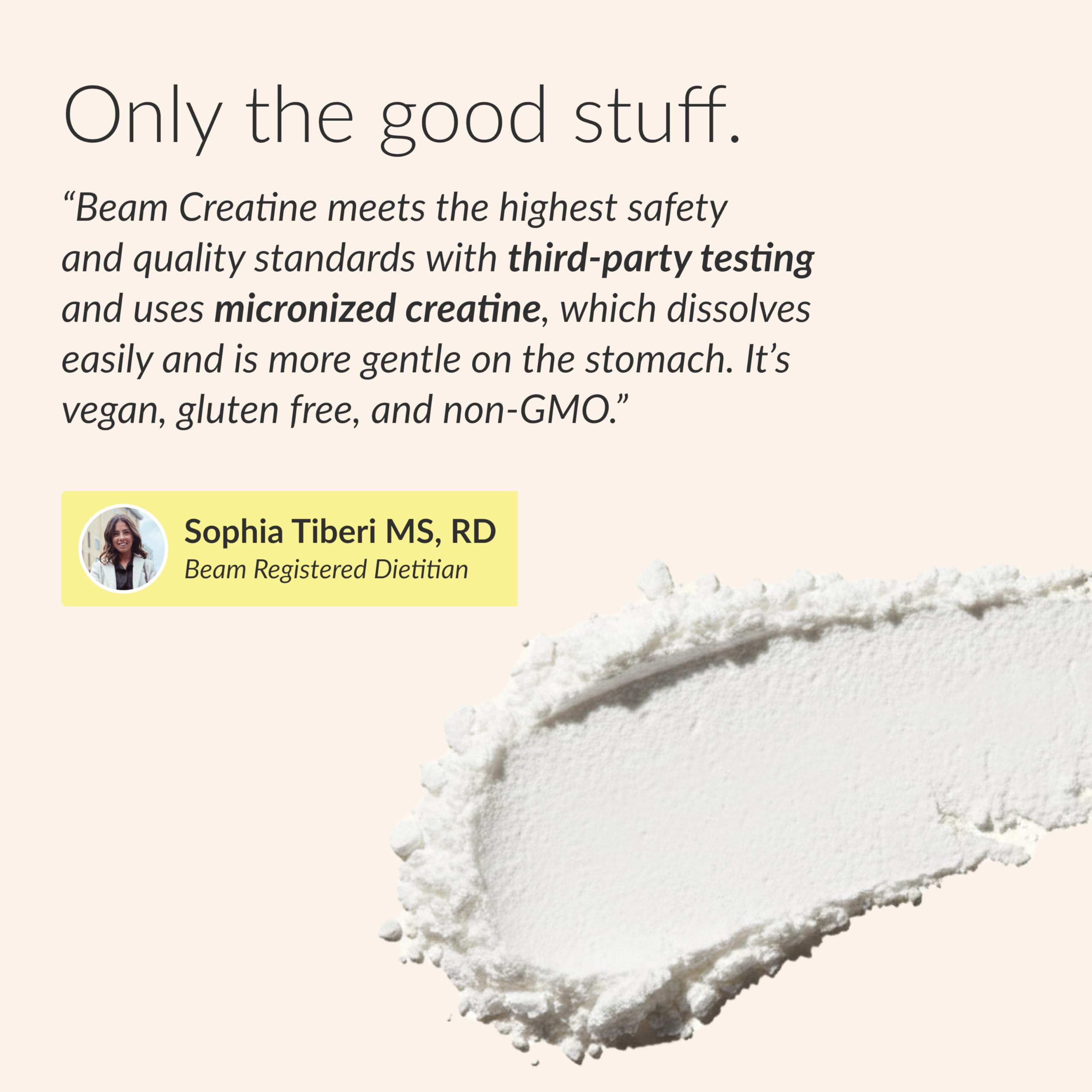 BEAM creatine beside a kitchen scale for precise 5g serving accuracy and portion control