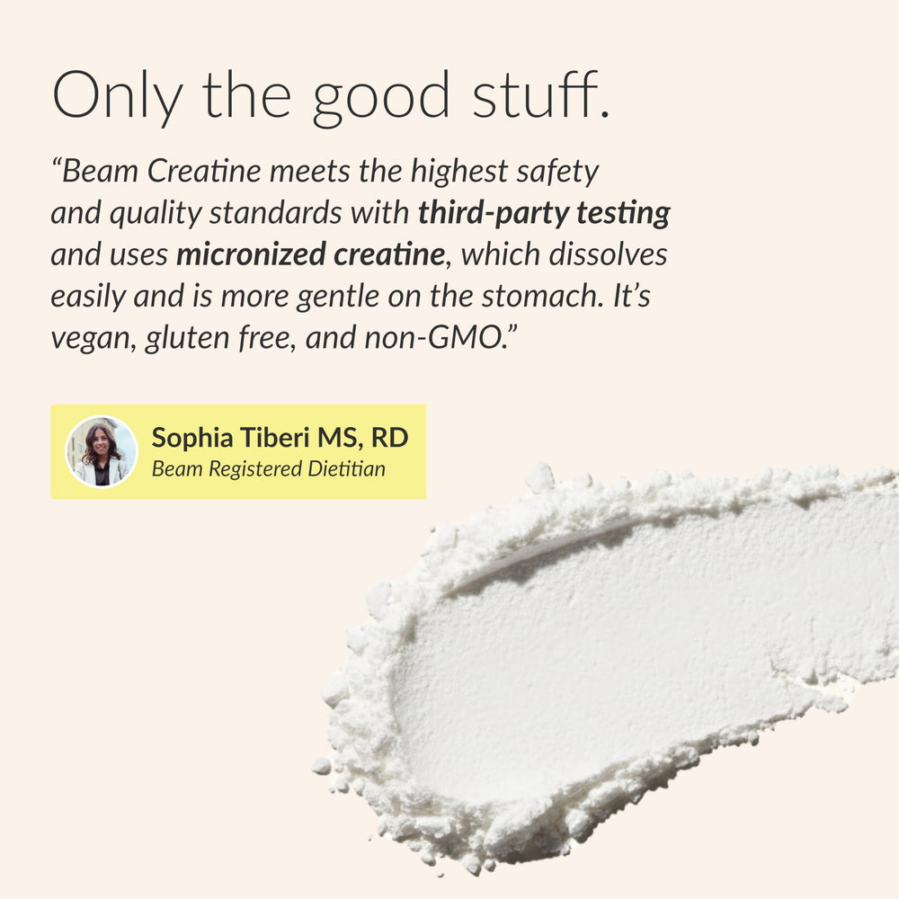 BEAM creatine beside a kitchen scale for precise 5g serving accuracy and portion control