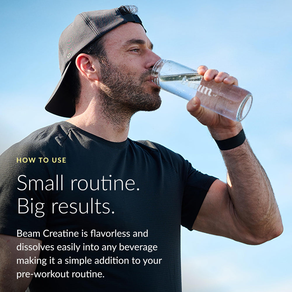BEAM creatine with third-party lab report bottle indicating tested purity and confidence
