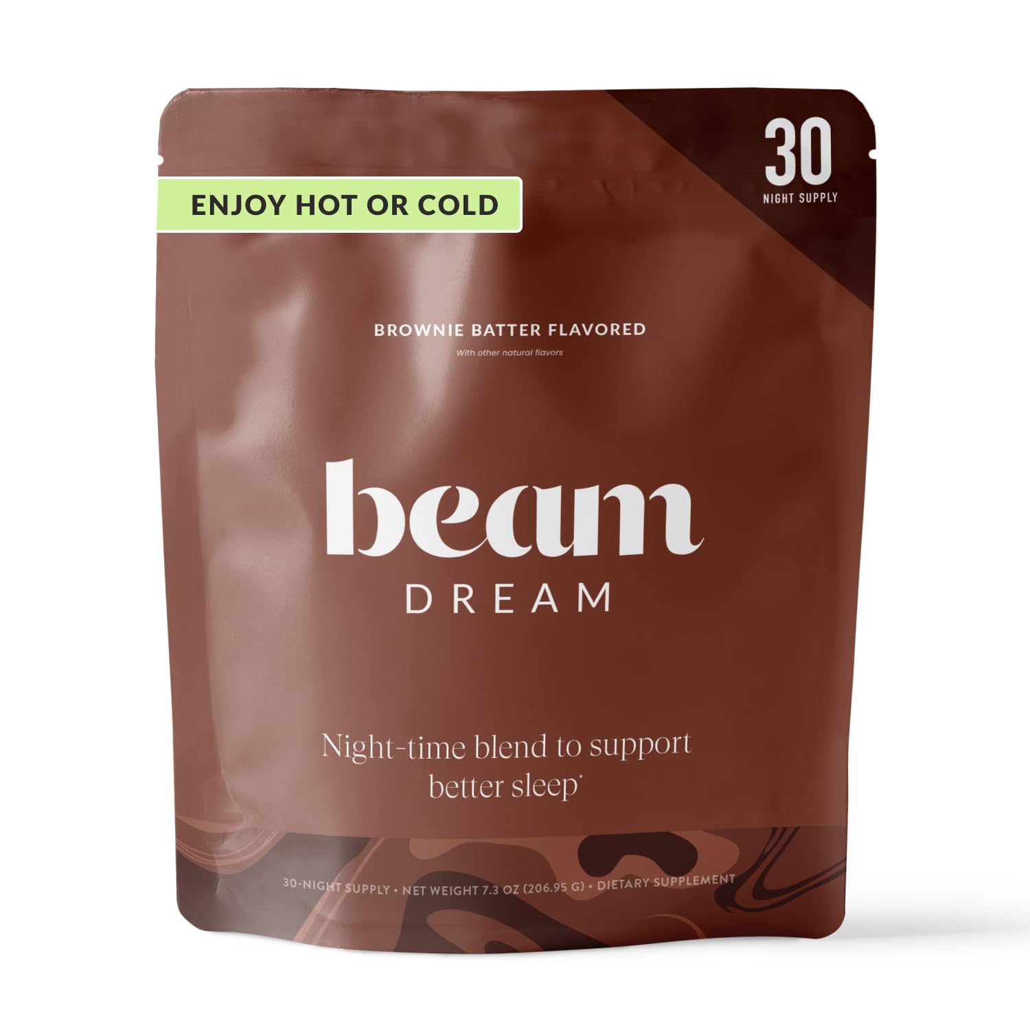 BEAM Dream front packaging showing brownie batter sleep powder benefits