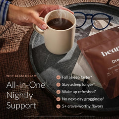 BEAM Dream scoop close-up with powder, illustrating easy single-serve convenience