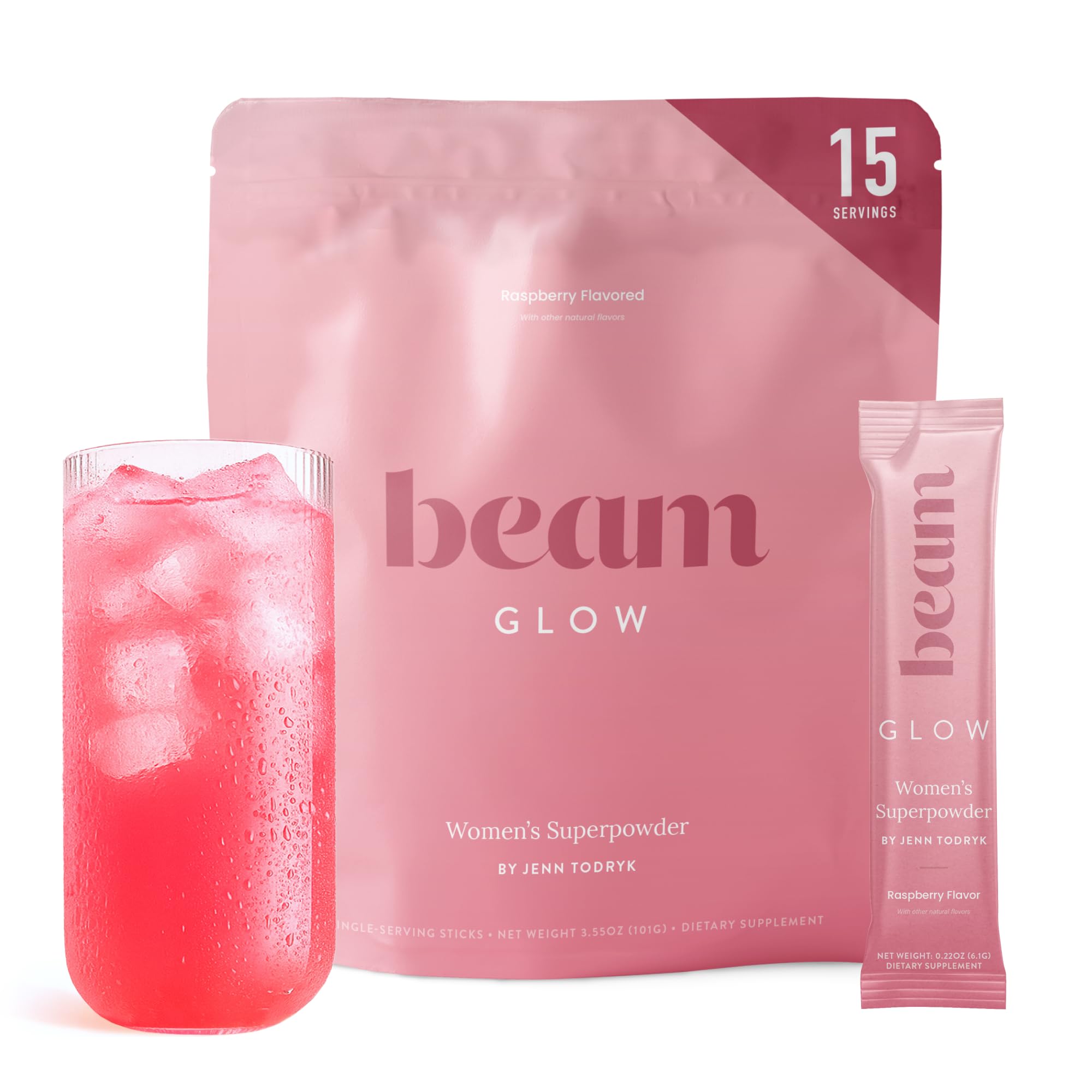 BEAM front packaging showing raspberry flavor and women's wellness benefits