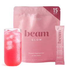 BEAM front packaging showing raspberry flavor and women's wellness benefits