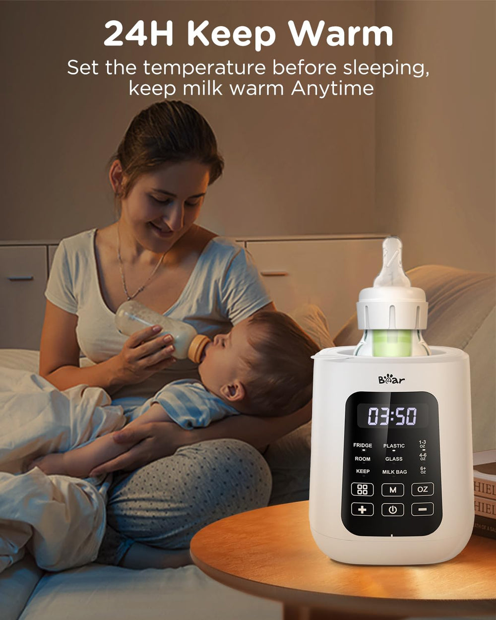 Bear bottle warmer close-up of water bath illustrating gentle, hotspot-reducing warming method