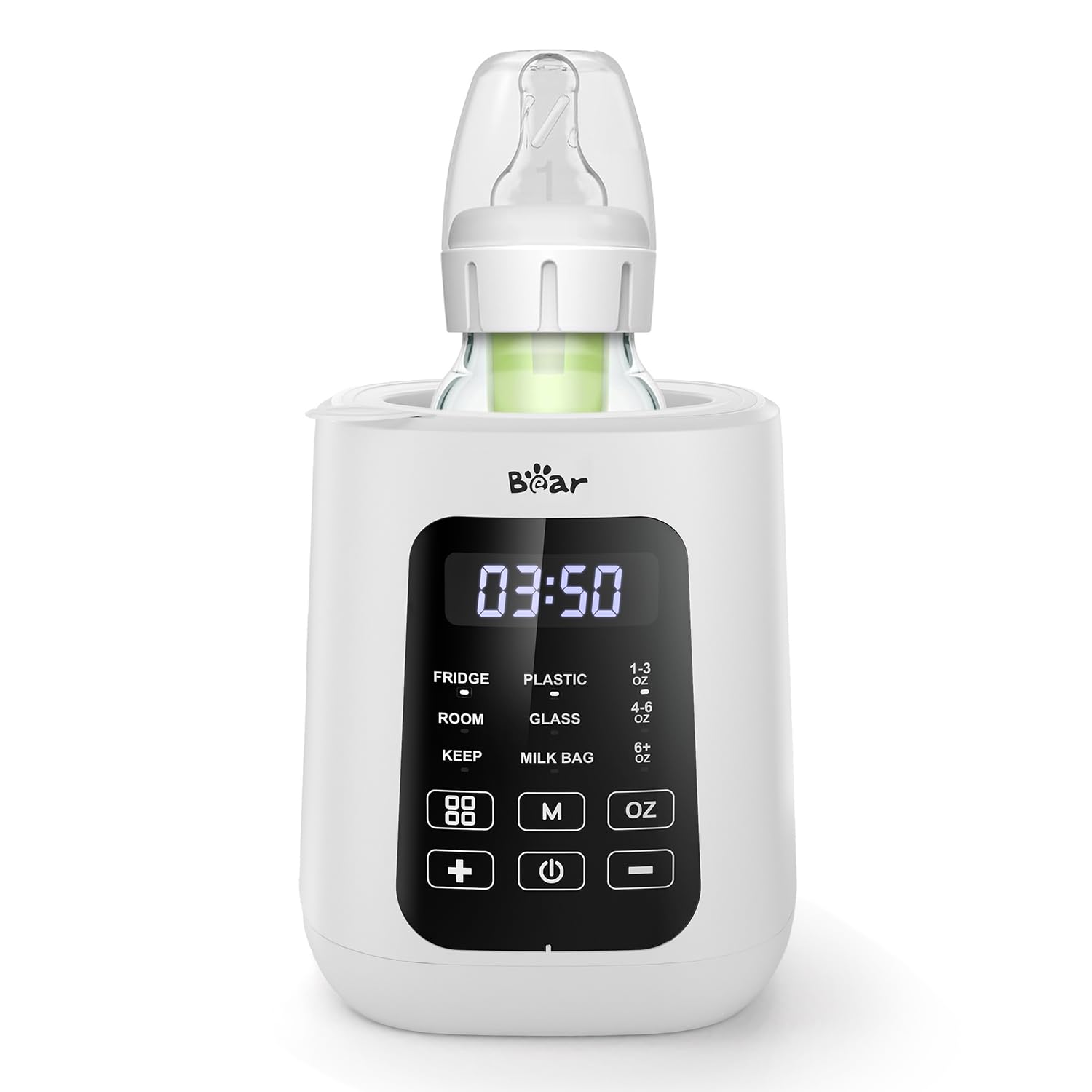 Bear bottle warmer front view showing compact design and white finish for space-saving convenience