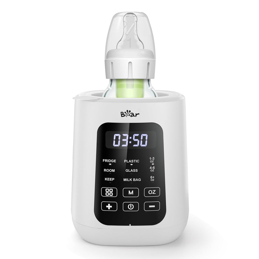 Bear bottle warmer front view showing compact design and white finish for space-saving convenience