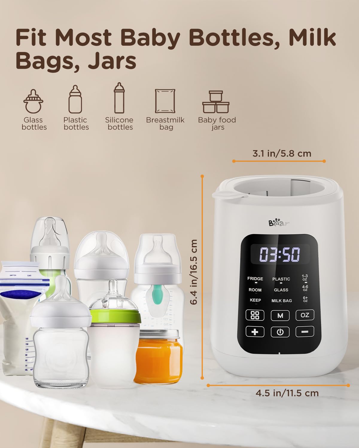 Bear bottle warmer boxed packaging with manual highlighting included accessories and instructions