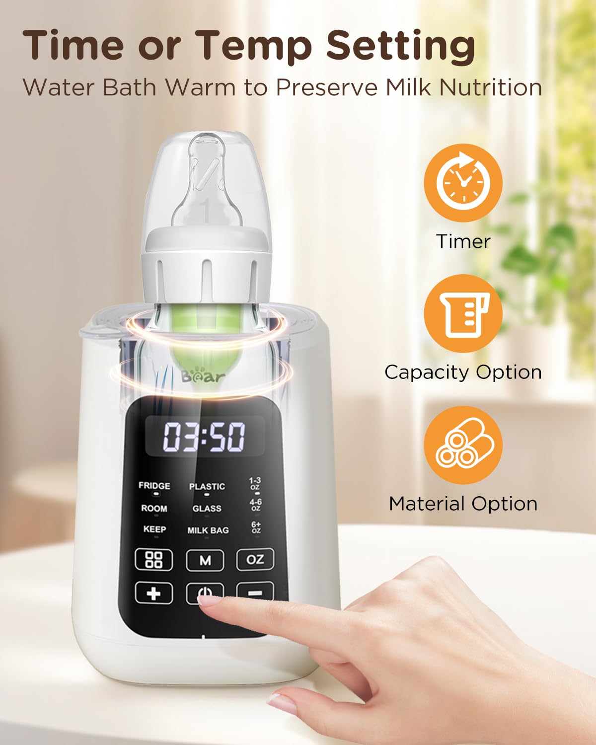 Bear bottle warmer beside a baby bottle to show scale and portability for countertop use