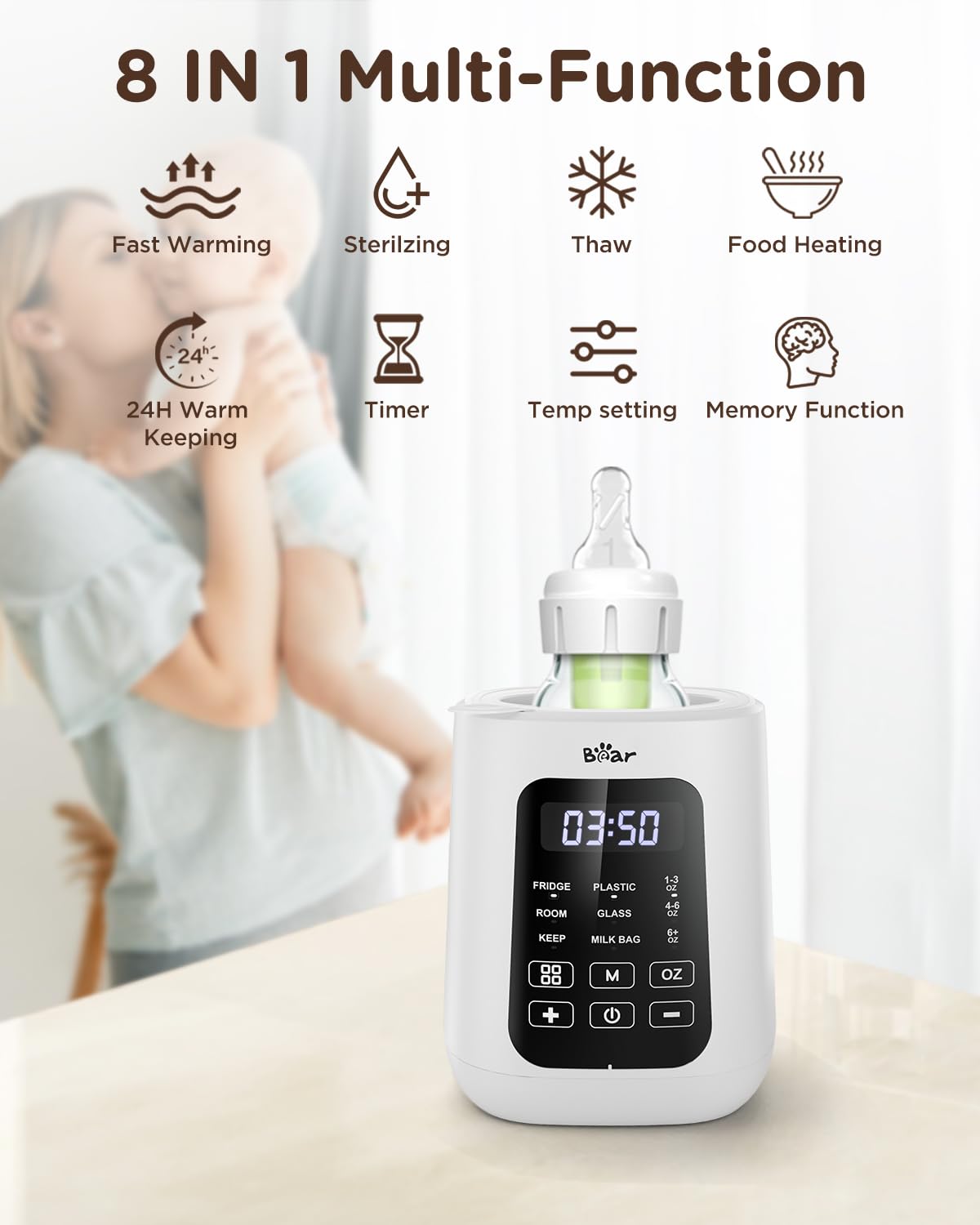 Bear bottle warmer top control panel close-up with simple buttons for fast operation