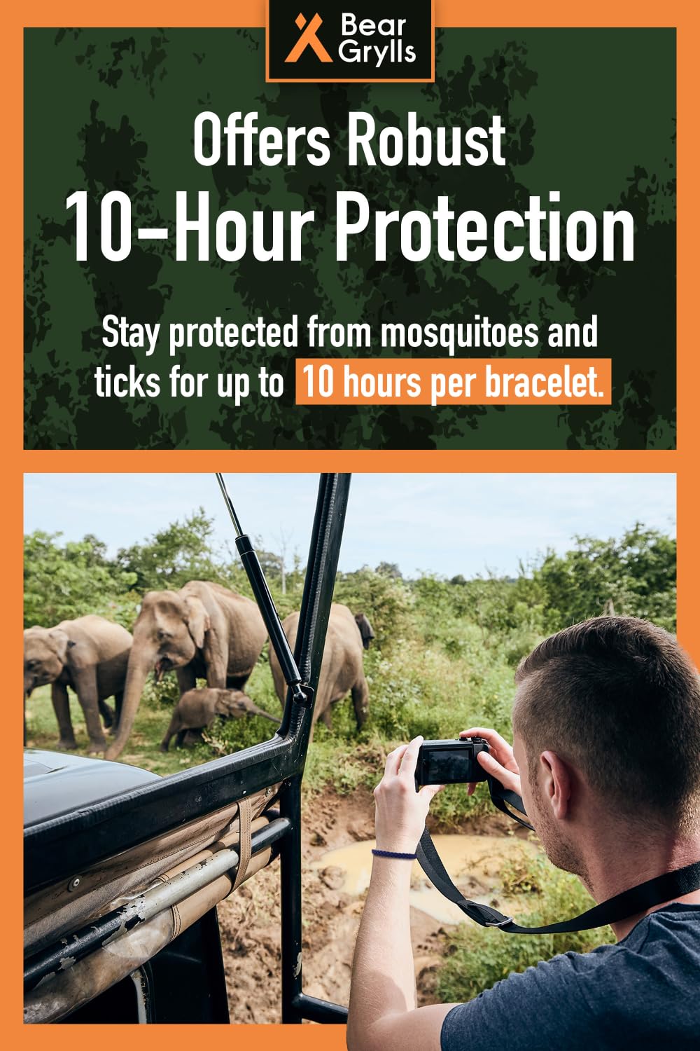 Bear Grylls bracelet worn on ankle for extra mosquito defense while active