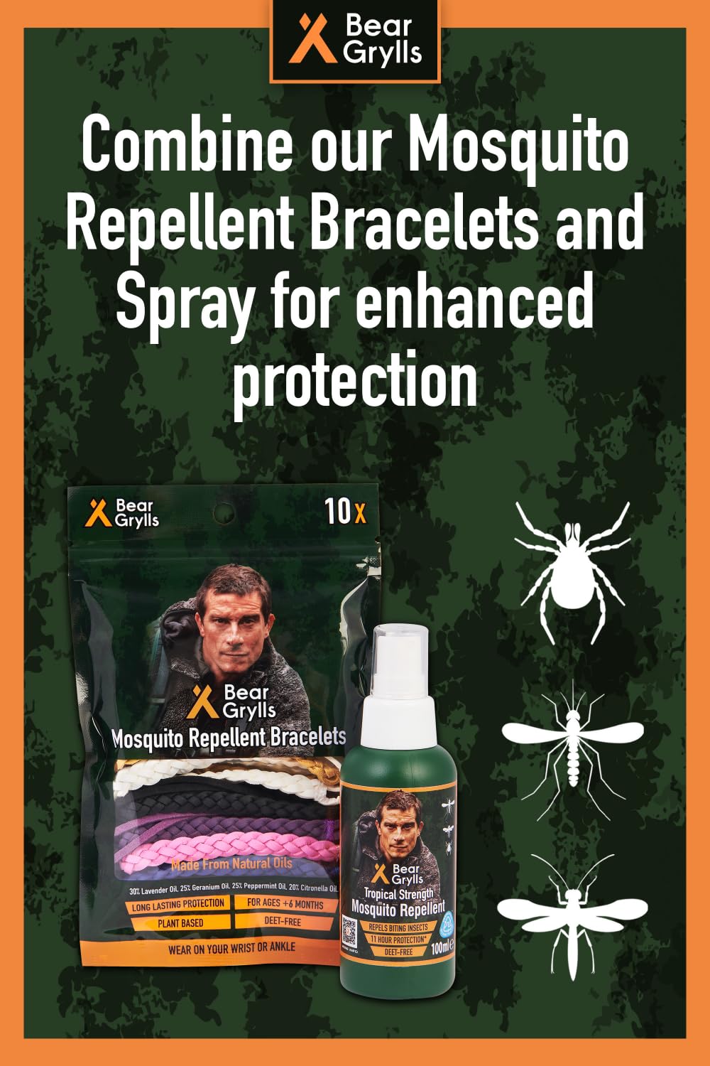 Bear Grylls family outdoors with bracelets showing kid-friendly protection