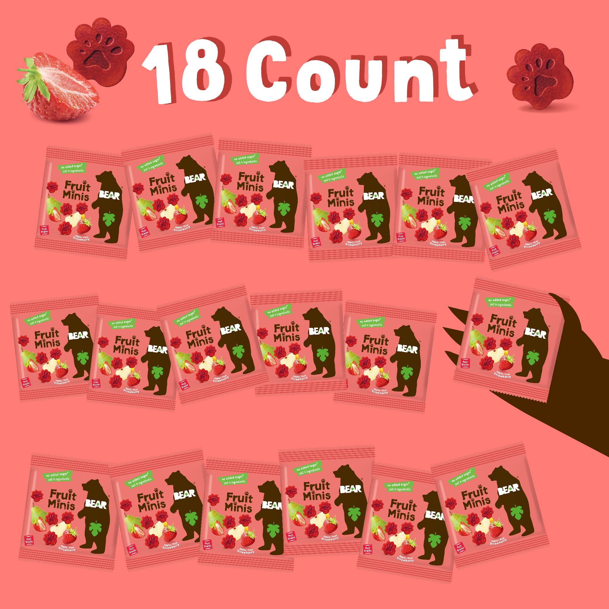 BEAR pouring several strawberry mini packs from the box illustrating easy grab-and-go
