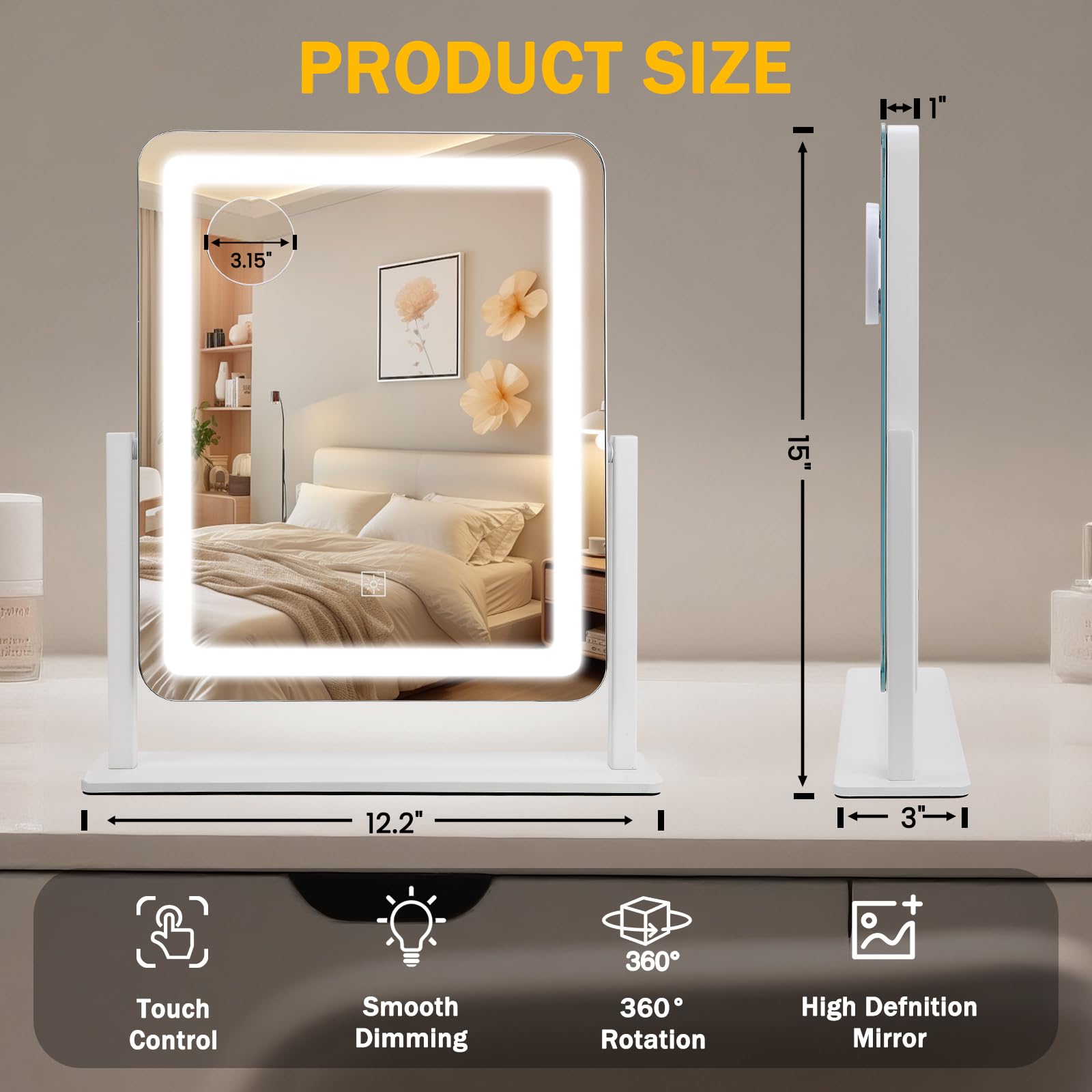 Bearolve close-up of LED strip and touch control highlighting brightness control benefit