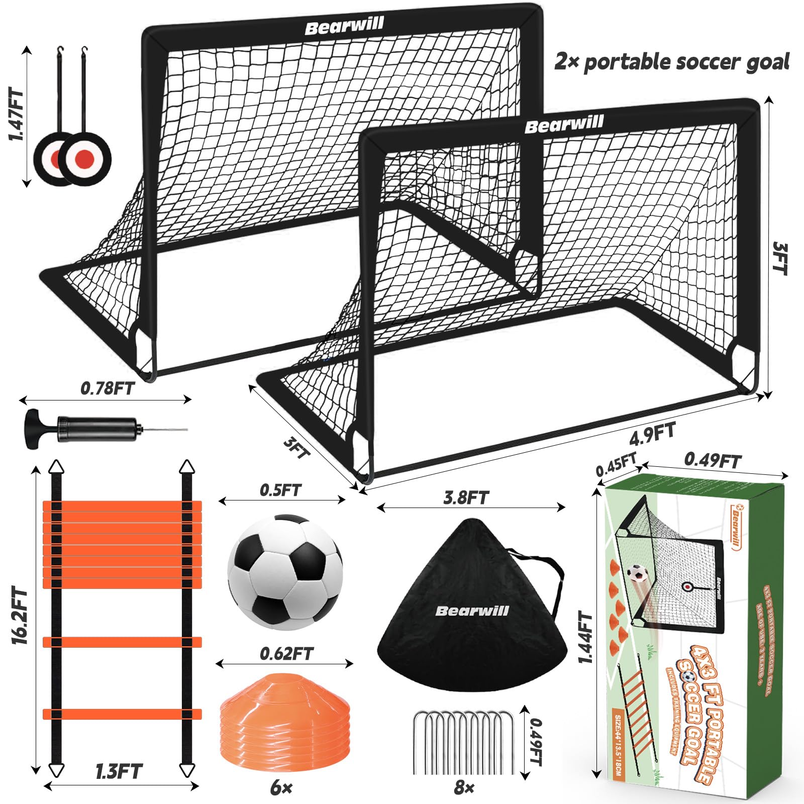 Bearwill training kit laid out showing ball pump ladder cones