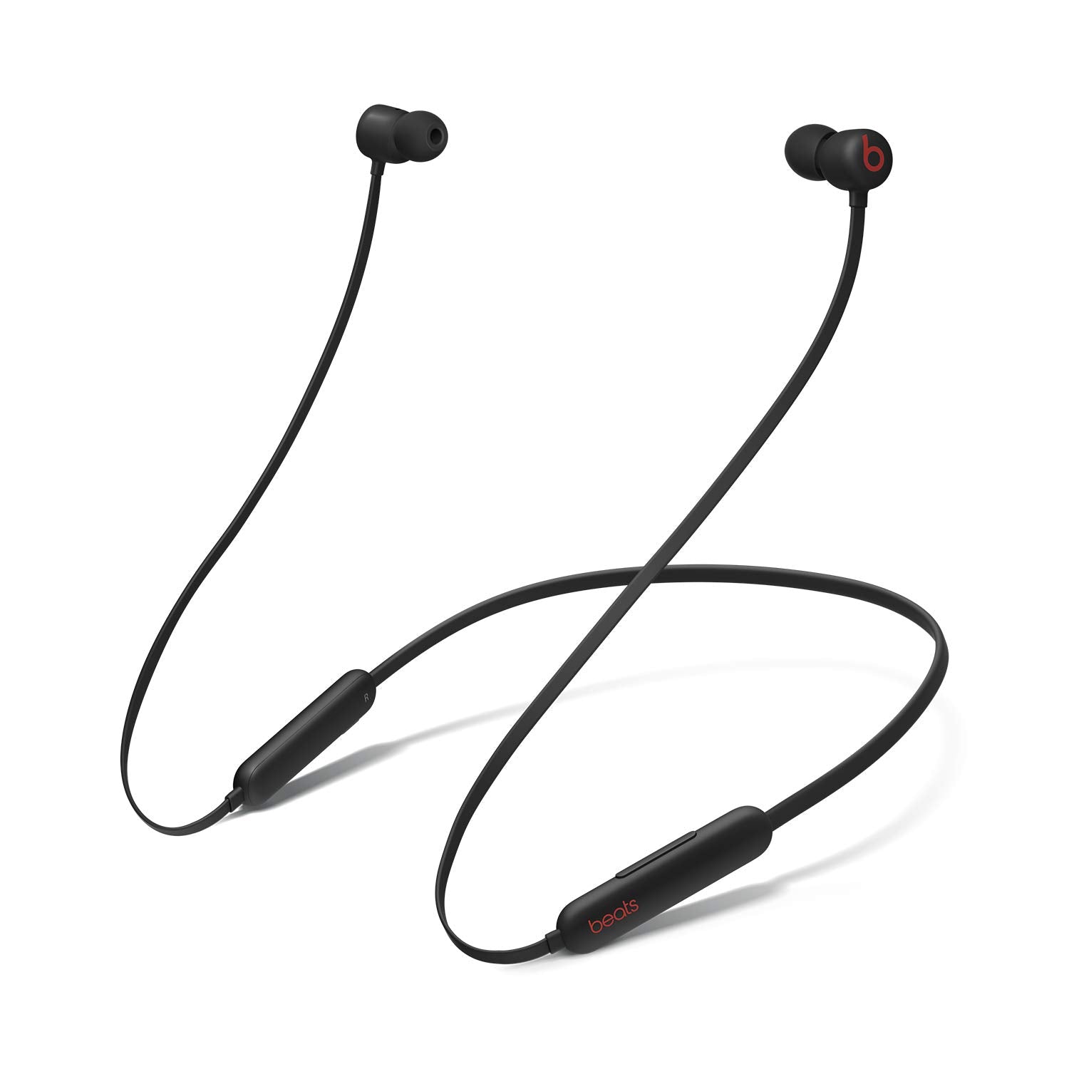 Beats Flex front view in black showing earbuds and neckband, comfortable all-day wear