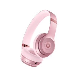 Beats Solo 4 front view in metallic pink showing sleek on‑ear design and brand