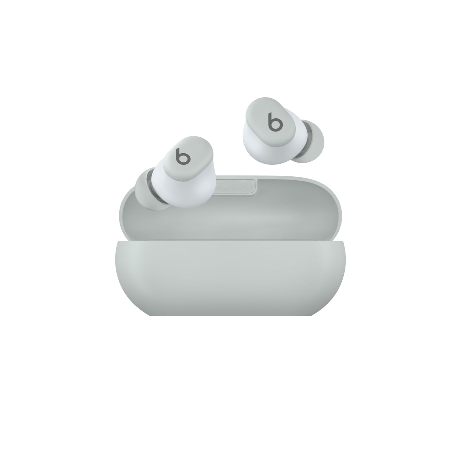 Beats Solo Buds storm gray front view showing sleek portable design and brand appeal