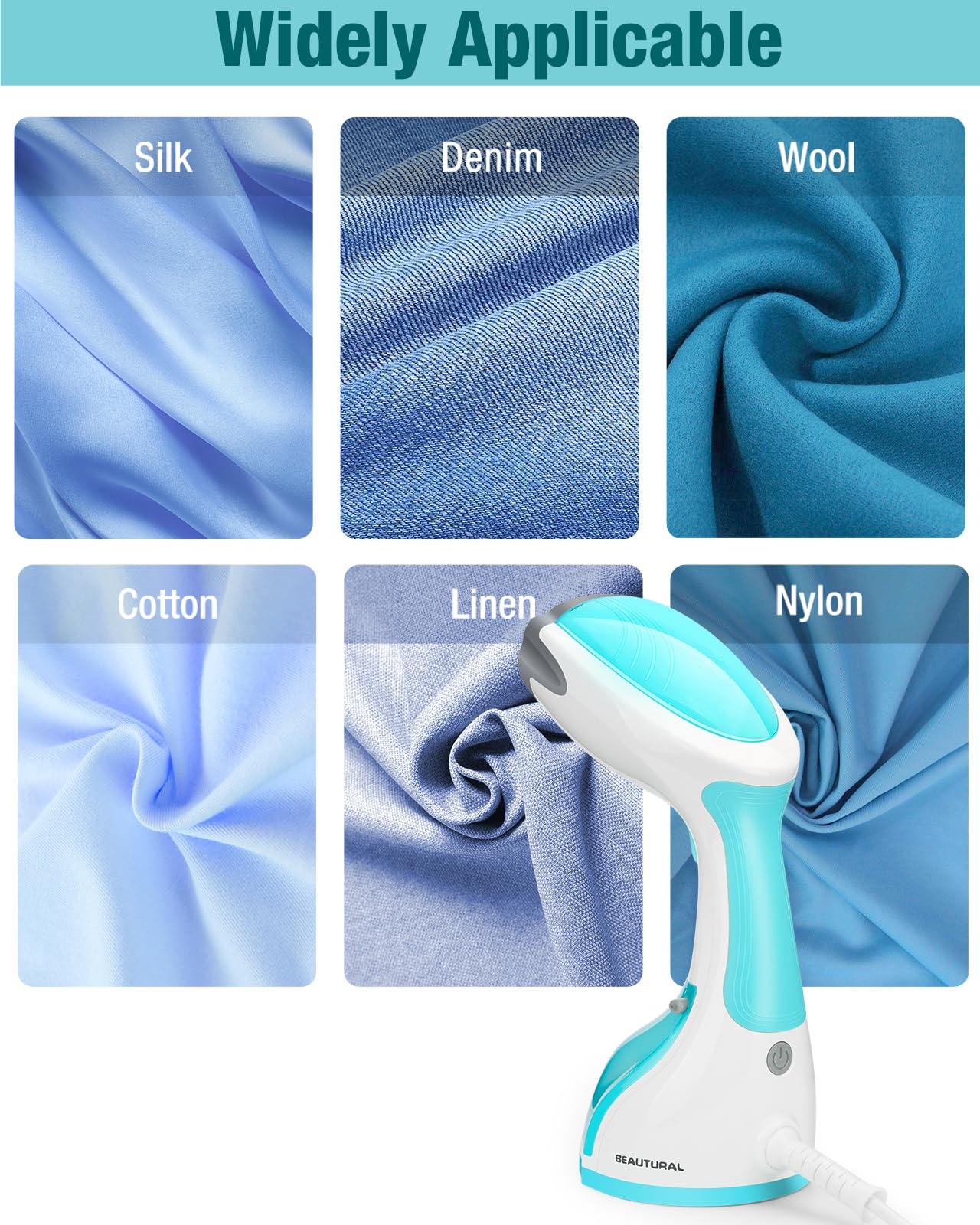 BEAUTURAL handheld steamer in palm showing lightweight size and one-handed control