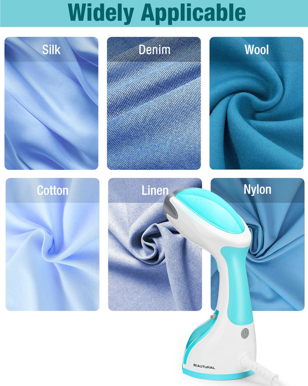 BEAUTURAL handheld steamer in palm showing lightweight size and one-handed control