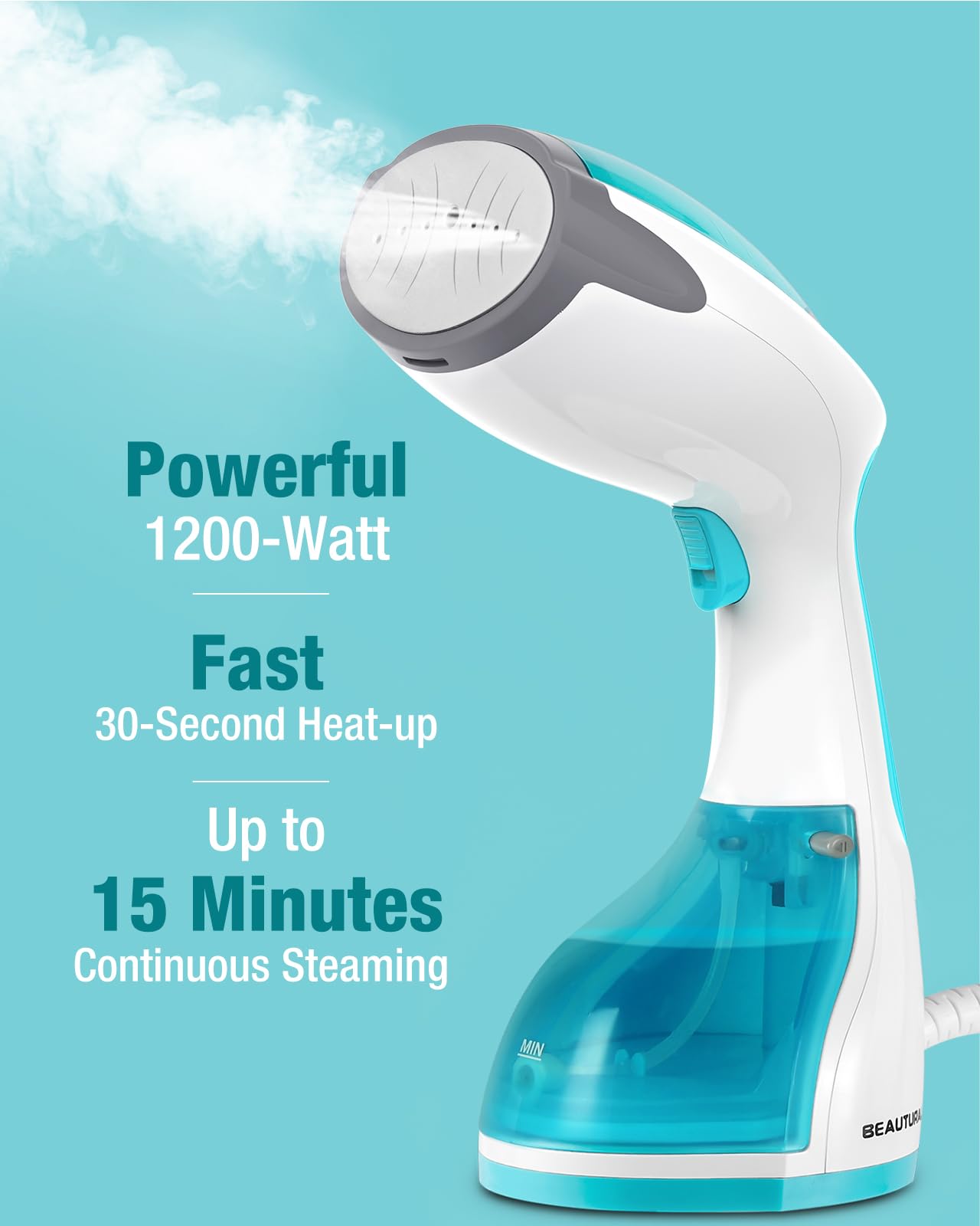 BEAUTURAL steaming a shirt demonstrating fast wrinkle removal and powerful steam